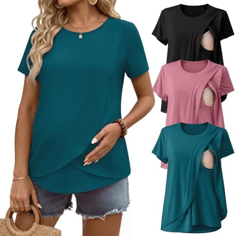 Ekouaer Nursing Shirts 3 Packs Short Sleeve Breastfeeding Tops Summer Maternity T Shirts Postpartum Double Layer Clothes Black/Gray Purple/Blue Green XL - Image 1