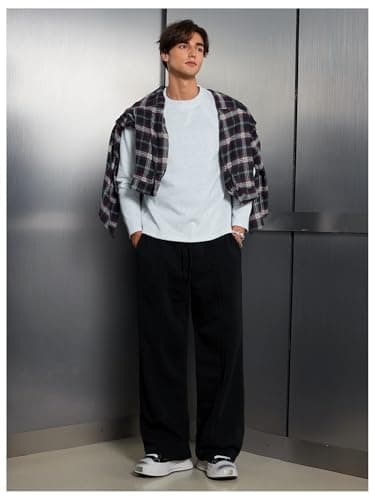 VIPWOLF Men's Stacked Baggy Sweatpants Drawstring Waist Straight Leg Track Pants Streetwear Black X-Large - Thumbnail 6