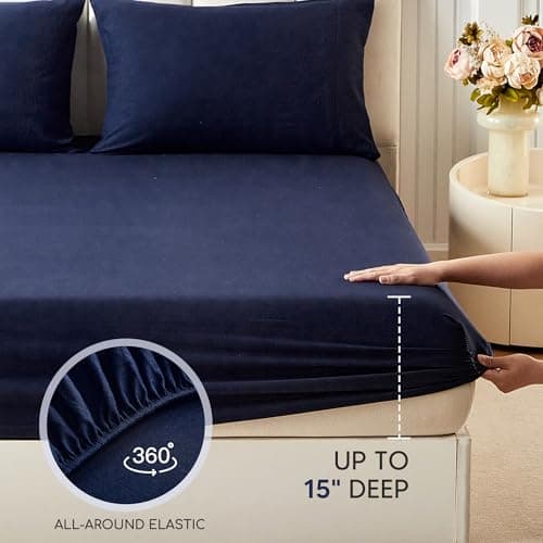 Tokokimo Washed Cotton-Linen Feel 4-Piece King Size Sheet Set for Busy Lifestyles – 10-16" Deep Pocket Bed Sheets with Natural Wrinkles, Quick-Dry, Breathable, Soft, Navy Blue - Thumbnail 4