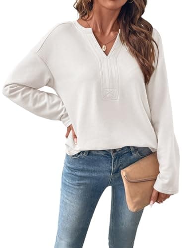 SHEWIN Womens Sweatshirt Casual V Neck Long Sleeve Tops for Women Lightweight Comfy Warm Sweatshirt for Women White Small - Image 1