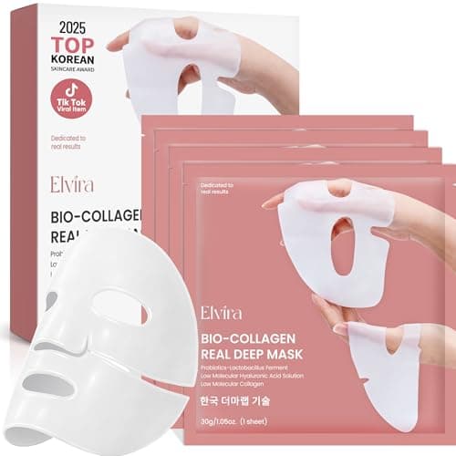 Elvira Bio-Collagen Real Deep Mask, Overnight Hydrating Face Mask with Hyaluronic Acid, Korean Skincare Face Mask for Moisturizing and Firming, Face Masks Sheet for All Skin Types, 4 Pack - Image 1