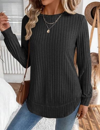 JUSTFASHIONNOW Womens Sweaters Trendy Lightweight Casual Long Sleeve Shirts 2025 Crewneck Fall Tunic Tops Loose Fit Dressy (Black, Small) - Thumbnail 4