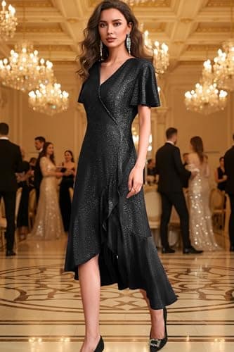 Autumn Flowerwall Women Plus Size Formal Party Gown Sparkle Black XL Lustrous Knit V Neck Flutter Sleeve Cocktail Dress A-Line Evening Gowns for Curvy Women Prom Ball Gown Slit - Thumbnail 2