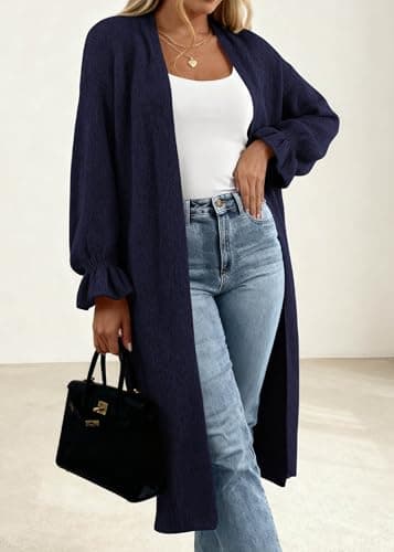 KIRUNDO Long Cardigan Sweaters for Women 2026 Spring Casual Oversized Ruffle Long Sleeve Open Front Chunky Knit Sweater Coats(Navy Blue, Small) - Thumbnail 2