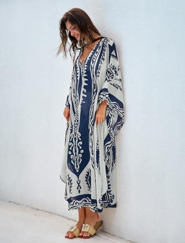 ZAFUL Kaftan Dresses for Women Moo Moos Plus Size O Ring V Neck Batwing Sleeves Beach Cover Ups Hawaii Summer Vacation Outfits Caftan Maxi Dress Loungewear Blue - Thumbnail 4