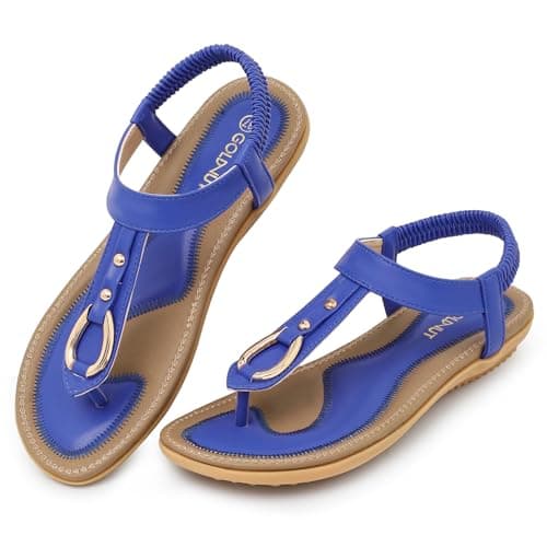 Goldnut Women's Comfortable Flat Sandals Dressy - Summer Blue T-Strap Thong Sandals with Elastic Ankle Strap, Casual Walking Shoes for Beach Size 7 - Image 1