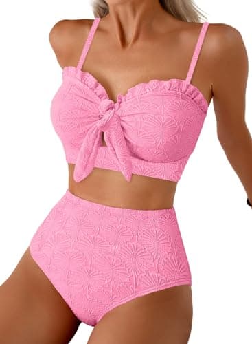 Herseas Women's Seashell Textured Two Piece Pink Bikini Sets Knotted Front Push Up Cutout Swimsuits Ruffle Trim Padded Bathing Suits Cute Swimwear for Teens Small - Image 1