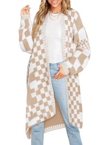 Saodimallsu Womens Checkered Long Cardigans Chunky Oversized Open Front Batwing Sleeve Color Block Knit Sweater Coats Khaki - Image 1