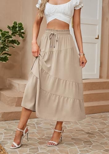 ECOWISH Women Boho Maxi Skirt: Summer Asymmetric Tiered Drawstring Elastic High Waist A-Line Flowy Long Skirts with Pockets 441 Khaki XL - Thumbnail 2