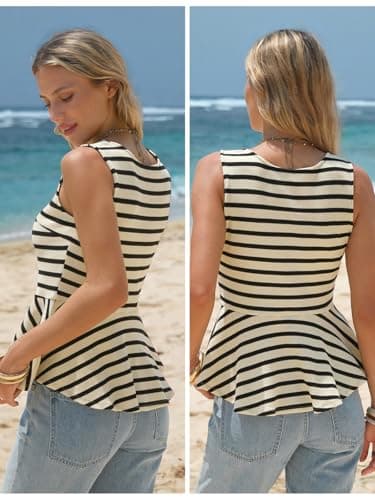 EXLURA Women Summer Tank Tops 97% Cotton Waffle Knit Peplum Top Sleeveless Crewneck Striped Ruffle Hem Business Casual Shirts Apricot Black - Thumbnail 5