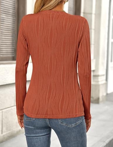 PRETTYGARDEN Long Sleeve Tops for Women Spring Fall Trendy Business Dressy Casual Shirts Crewneck Textured Blouse Clothes (Brick Red,X-Large) - Thumbnail 2