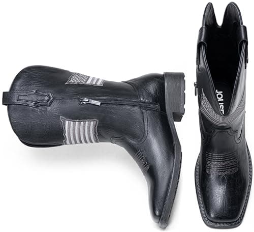 Jousen Cowboy Boots for Men with Flag Embroidery Square Toe Boots for Men Classic (AMY8423 black 09) - Thumbnail 5