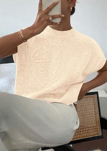 PRETTYGARDEN Women's 2026 Spring Sweater Vest Trendy Flower Knit Short Sleeve Cute Pullover Tank Tops Summer Fashion Clothing (Beige,X-Large) - Thumbnail 5