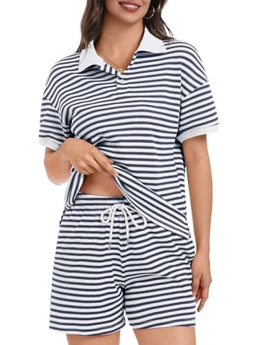 Casly Lamiit 2 Piece Outfits for Women Striped Drawstring Short Sets Casual Short Sleeve Tops 2026 Summer Travel Airport Lounge Set Sweatsuit Navy White 2XL - Thumbnail 2