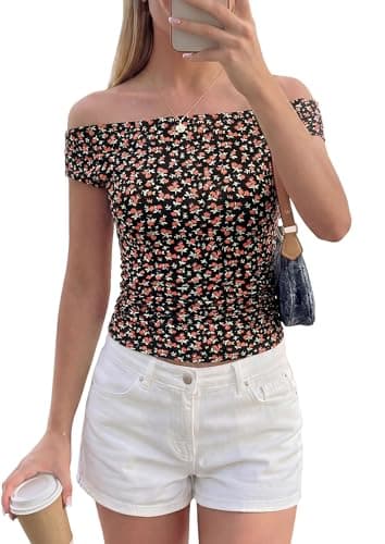 PRETTYGARDEN Womens Off The Shoulder Tops 2026 Summer Y2K Clothes Going Out Shirts Ruched Tank Top Date Night Outfits (Floral Black Orange,X-Small) - Image 1