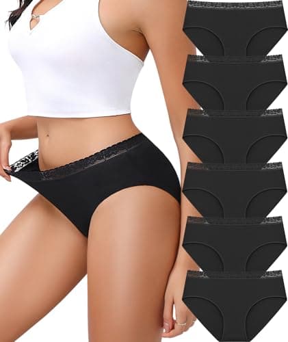 READY TO LOVE Cotton Underwear for Women 6 Pack Full Coverage Briefs Sexy Panties Lace Waistband Ladies Bikini Hipster - Image 1