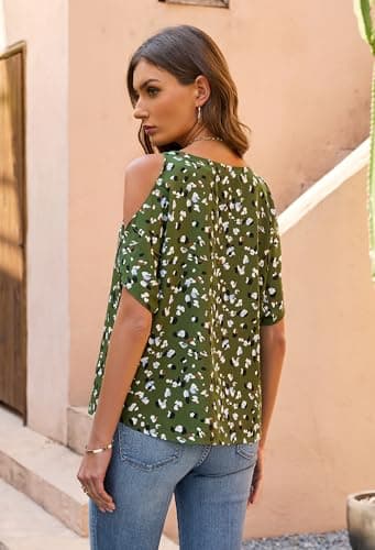 Women Cold Shoulder Tops Casual Summer Short Sleeve Crew Neck Dressy Work Blouses Dot Pints Chiffon Tunic Shirts GF XL - Thumbnail 3