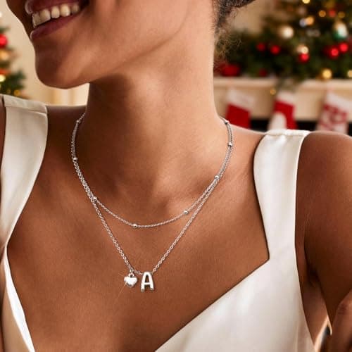 adoyi Easter Basket Stuffers Silver Heart Initial Necklaces for Women 14k Gold Plated Layered bubble Letter Necklace Dainty Heart I Pendant Necklace Stack Birthday Valentines Gifts for Women Jewelry - Thumbnail 2