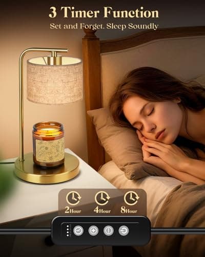 Candle Warmer Lamp with Timer Dimmer, Candle Lamp Warmer with Linen Shade - Birthday House Warming Gift for Women Mom Her - New Home Decor for Bedroom with 2 Bulbs (Gold) - Thumbnail 3