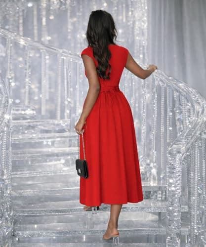 ABKY Womens Midi Dresses Deep V Neck Cap Sleeve Back- Tie A-Line Swing Dress with Pocket Party Foraml Date Night Prom Outfits Red S - Thumbnail 3