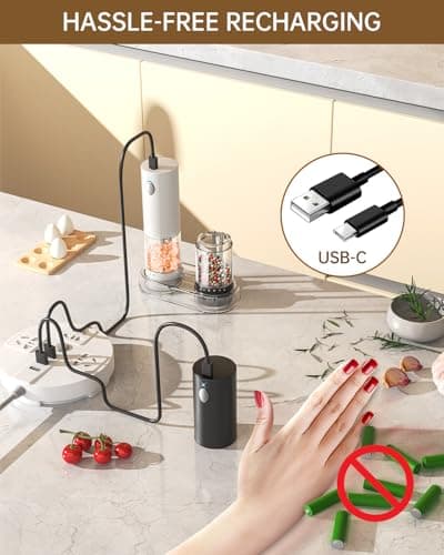 CIRCLE JOY Electric Salt and Pepper Grinder Set Rechargeable Salt and Pepper Mills with 6-Level External Adjustable Coarseness, White LED Light and Storage Base, Black & White - Thumbnail 3