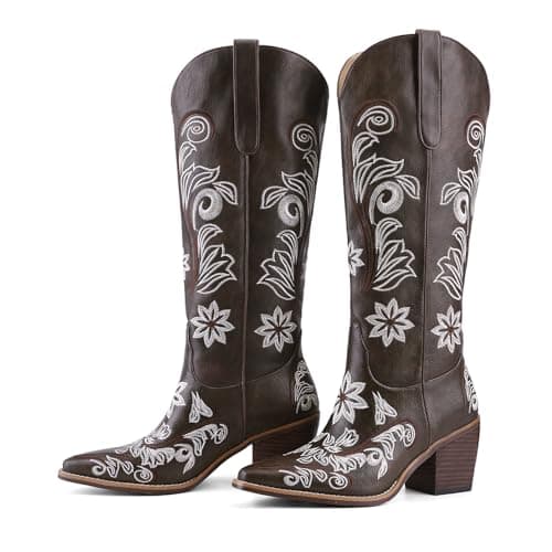 QIV Dark Brown Cowboy Boots for Women Western Pointed Toe Chunky Heel Mid Calf Cowgirl Boots with Embroidered Floral Size 6.5 - Image 1