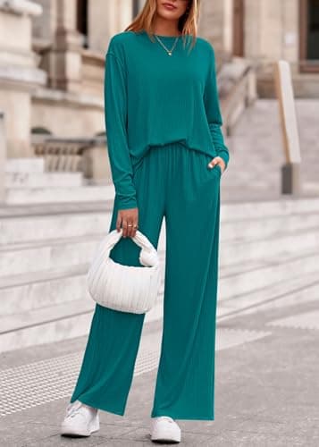 KIRUNDO Spring 2 Piece Lounge Sets for Women Long Sleeve Ribbed Knit Tops Wide Leg Pants Matching Travel Outfits Postpartum(Lake Blue, Large) - Thumbnail 3