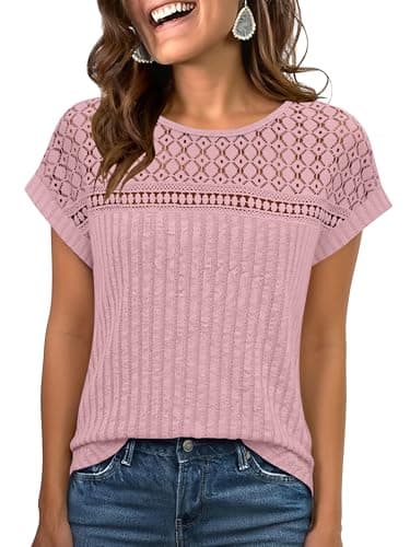 ANRABESS Wemens Tops Summer Sweaters Shirts Short Sleeve Lace T-Shirts Dressy Casual Business Tee Blouses 2026 Trendy Clothes Pale Pink Mediun - Image 1