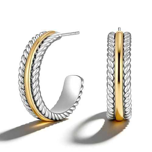 SHANTYSON Twisted Cable Hoop Earrings Two Toned Earrings for Women Open C Hoops Chic Mixed Metal Jewelry (Silver-tone&Gold-tone) - Image 1