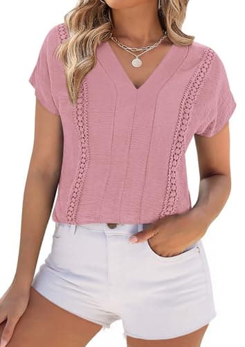 PRETTYGARDEN Blouses for Women Dressy Casual Spring 2026 Cap Sleeve V Neck Lace Trim Boho Tops Work Shirts Summer Clothes (Pink,Medium) - Image 1
