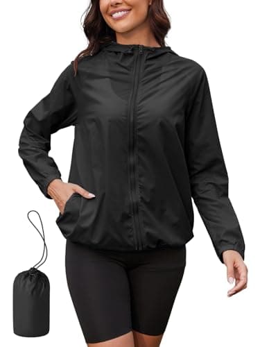 PITINAN Black Rain Jacket Women Waterproof Raincoat Lightweight Rain Jacket Hooded Windbreaker with Pockets for Outdoor Womens Rain Jackets with Hood Black M - Image 1
