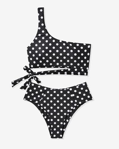 MOOSLOVER Women One Shoulder High Waisted Bikini Tie High Cut Two Piece Swimsuits(M,Black White Polka Dot) - Thumbnail 5