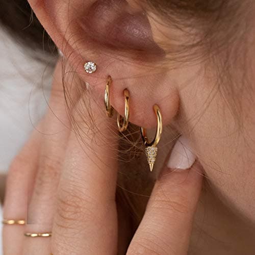VALLOEY ROVER Huggie Earrings Gold for Women 14K Gold Plated Cubic Zirconia Awl Cone Huggie Hoops Dainty Shiny Hoop Earrings - Thumbnail 3