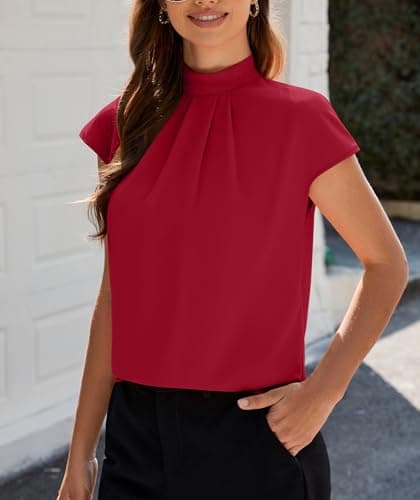 Funlingo Women's Summer Tops Dressy Casual Short Sleeve Tunic Shirts Mock Neck Loose Fit Trendy Business Work Office Chiffon Blouses Red 2XL - Thumbnail 3