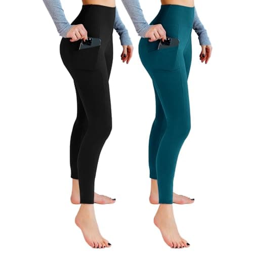 Leafigure 2 Packs Leggings with Pockets for Women, High Waisted Tummy Control Workout Leggings for Gym Black/Teal LXL - Image 1