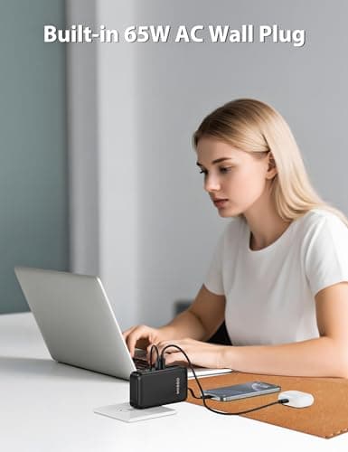 10000mAh Power Bank, 2-in-1 Portable Charger, Built in USB C Cable Battery Pack with 65W AC Wall Plug, Travel Essential Phone Powerbank Compatible with iPhone 17/16/15, iPad, Samsung, MacBook, Black - Thumbnail 5