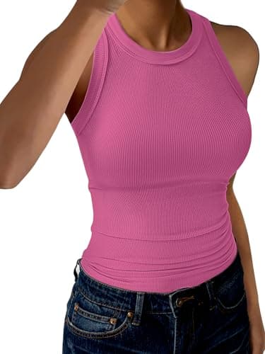 GKBK Racerback Tank Tops for Women High Neck Ribbed Sleeveless Fashion 2026 Summer Casual Basic Slim Fit Top Shirts Hot Pink S - Image 1