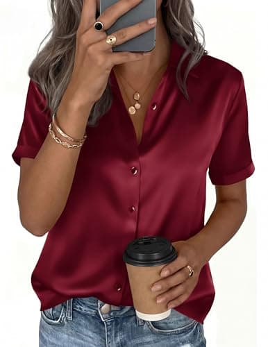 PRETTYGARDEN Womens 2026 Summer Button Down Shirts Short Sleeve Work Tops Dressy Satin Blouses Spring Business Casual Outfits (Burgundy,XX-Large) - Thumbnail 2