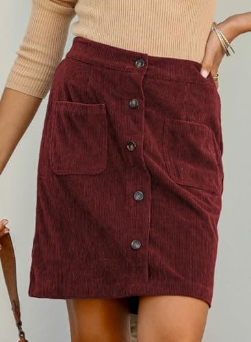 Happy Sailed Fall Winter Mini Skirts for Women Classic High Waisted A Line Button Down Bodycon Corduroy Skirt for Cocktail Party with Pockets 2025 Burgundy Medium - Thumbnail 3
