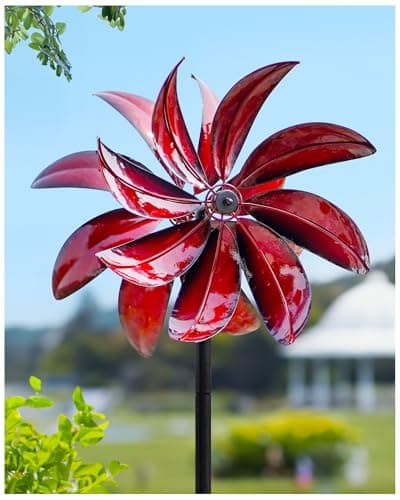 Cyan Oasis Wind Spinners Outdoor - Red Metal Windmill with Stake for Yard and Garden, Kinetic Wind Sculptures & Spinners, Gift Decor Ideas for Garden Lovers (12" W x 70" H)