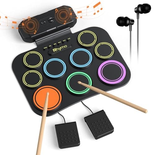 Rhymo Electronic Drum Set, 9-Pad Roll-Up with Built-in Speaker, Rechargeable Battery, Headphones, Drum Pedal & Sticks, Perfect for Beginners, Home Practice and Travel Gifts