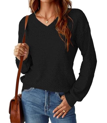 NORACORA Women's V Neck Fall Sweaters Crochet Soft Lightweight Ribbed Knit Loose Pullover Sweater Long Sleeve Tops 2025 Trendy Outfits Black - Thumbnail 6