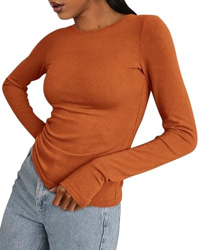 BTFBM Womens Tops 2026 Spring Outfits Long Sleeve Shirts Crewneck Work Blouses Stretchy Slim Fit Going Out Top Workout(Brick Red, Medium) - Image 1