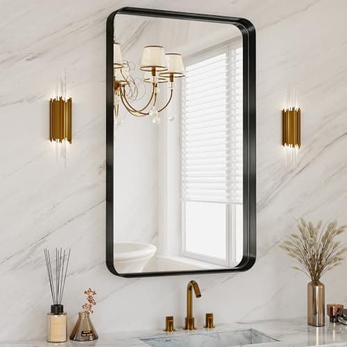 Black Bathroom Mirrors for Over Sink,24X36 Inch Matte Metal Framed Vanity Rounded Rectangle Vanity Mirror, HD Tempered Glass, Anti-Rust, Horizontally or Vertically Hanging - Image 1