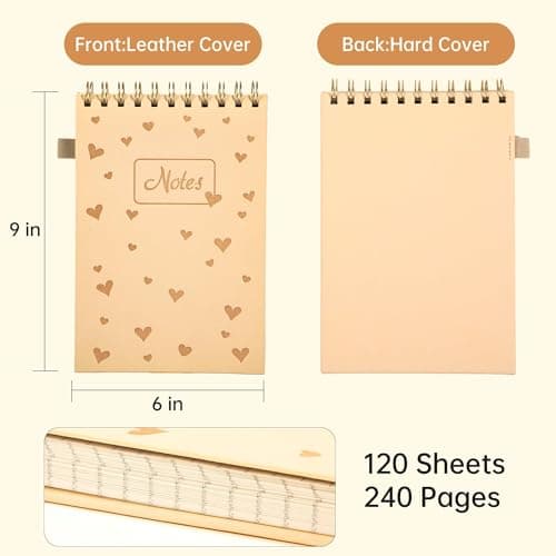 Yoment Top Spiral Notebook A5 Large Leather Hardcover Steno Pads, 240 Pages 100 GSM Cute Top Bound Spiral Notebooks College Ruled, Left Handed Spiral Notepads for Work, School, Home, Beige - Thumbnail 2