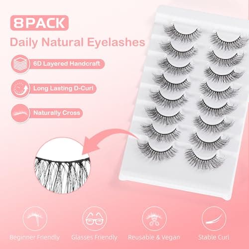 Natural Lashes Spiky False Eyelashes, Wispy Look Invisible Band Flared Eyelashes, False Eye Lashes Soft Fluffy Lashes 8 Pairs Black 9-15MM - Thumbnail 2
