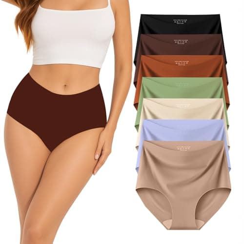 Ailongcity Womens Underwear Seamless High Waist No Show Panties Full Coverage Briefs Silky Stretch 7 Pack (US, Alpha, X-Large, Regular, Regular, Coffee brown/Orange/Green/Marron/Purple/Nude/Black) - Image 1