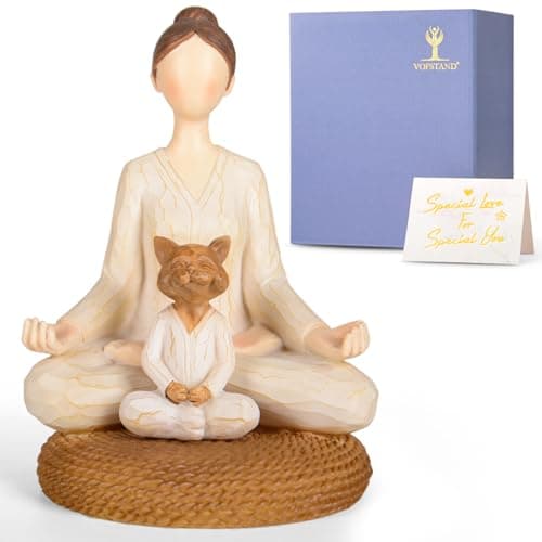Vofstand Yoga Meditation Statue Gifts for Women - Mini Yoga Girl with Cat Dog Figurines Gift for Office Cute Relaxation Gifts for Yoga Lovers & Cat Dog Lover Resin Yoga Figurine Decor Table Ornament - Image 1