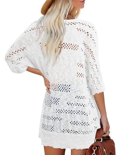 KISSMODA Womens Crochet Summer Cardigan Sweaters White Short Sleeve Lightweight Hollow Out Plus Size Cardigans for Beach for Island Getaways XL - Thumbnail 6