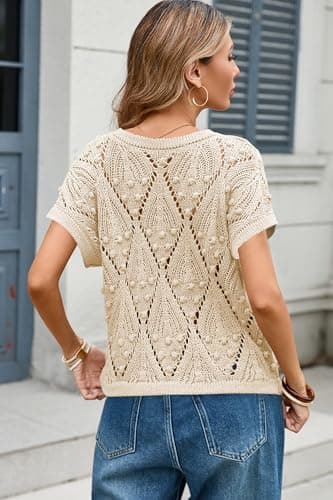 Cakulo Womens Summer Short Sleeve Crochet Sweater Casual Boho Crop Tops 2026 Beach Vacation Cruise Outfits Apricot S - Thumbnail 6
